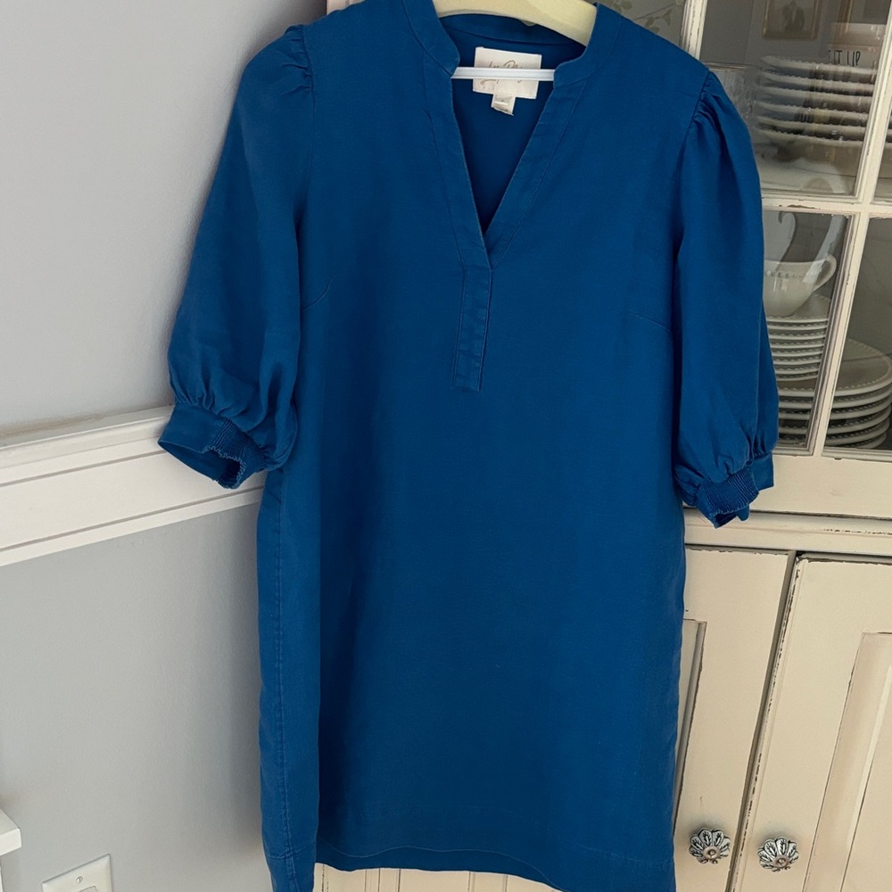 Lilly Pulitzer Blue Linen V-Neck Puff Sleeve Mini Dress